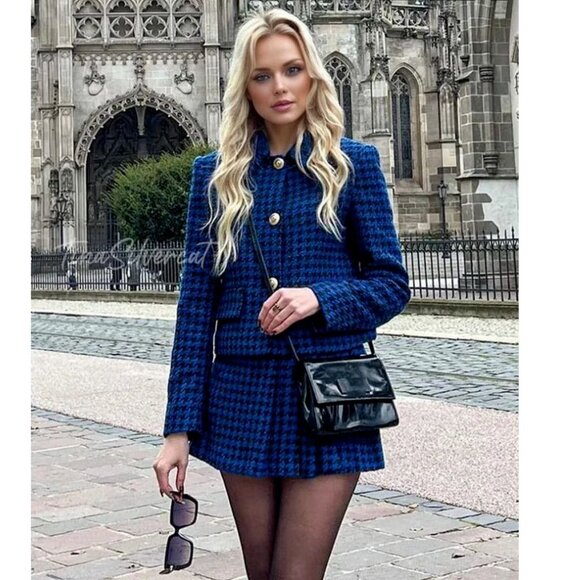 BLOGGER'S FAVE! Zara 2 Piece Co-ord Houndstooth Blazer And Skort Set Blue NWT